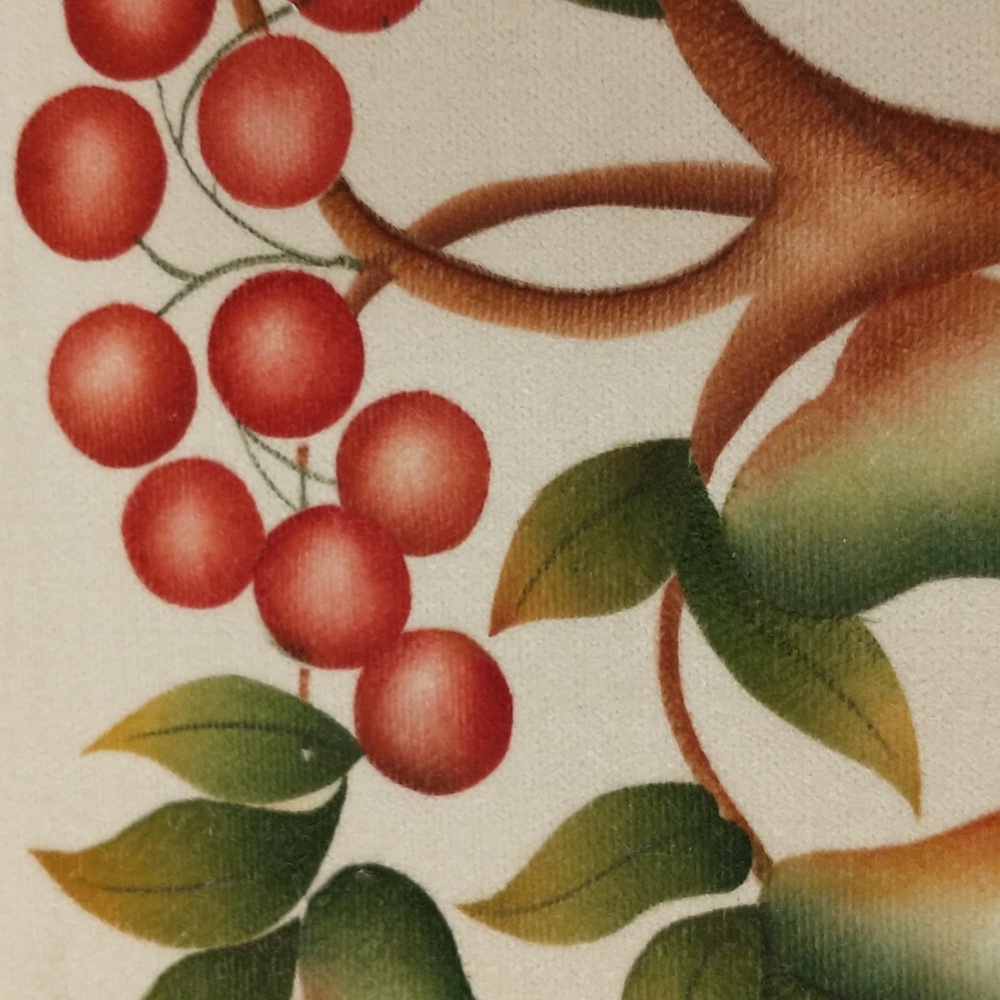 Charming 1978 Theorem Hand Painted on Velvet Pear & Cherry Tree w Flowers Unfram - Picture 3 of 7